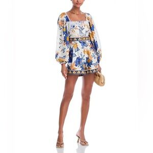 FARM Rio White Floral Square-Neck Long-Sleeve Romper with Blue & Yellow Print